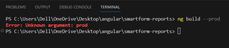 Error: Unknown argument prod in Angular